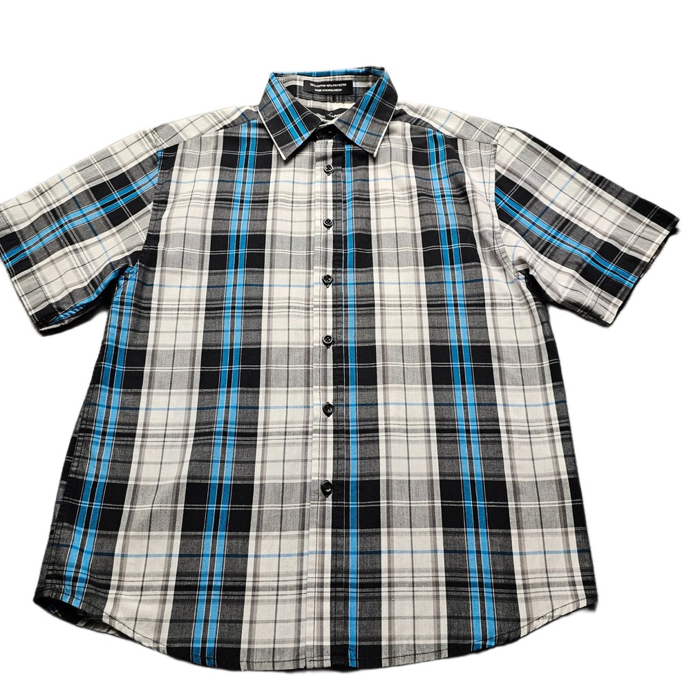 Beverly Hills Polo Club Shirt Boys 14-16 Blue Black Plaid Short Sleeve Button-Up